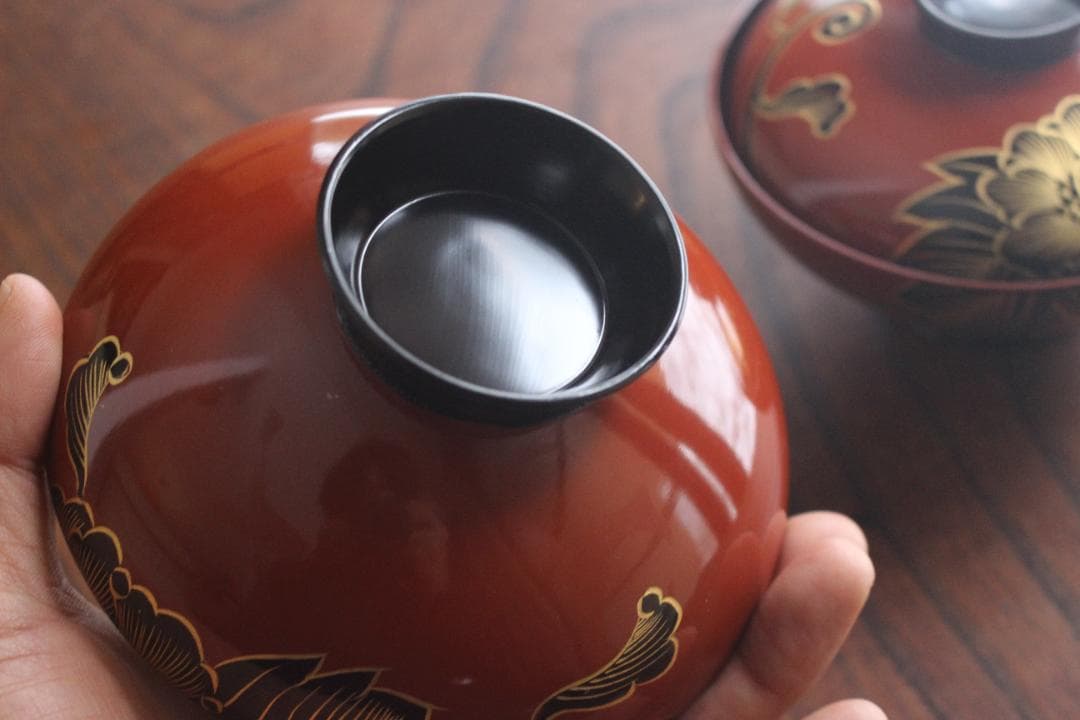 キズ有！上質朱漆に優美な牡丹沈金の映えるお椀2点（検輪島塗懐石椀蒔絵椀